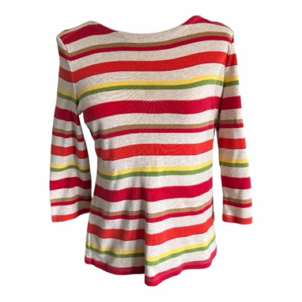 Talbots 100% Cotton 3/4 Sleeve Red, Oatmeal,Green Striped Top